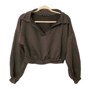 Mauve Cropped Collared V-Neck Sweatshirt